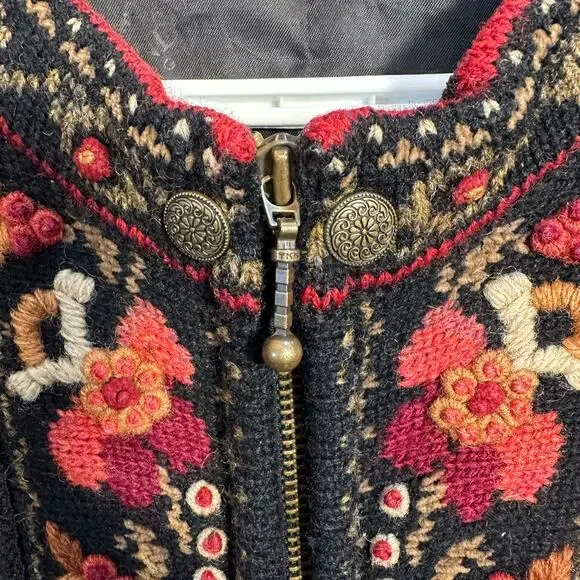 VTG Icelandic Design Wool Cardigan Jacket Womens M Embroidered Nordic Zip